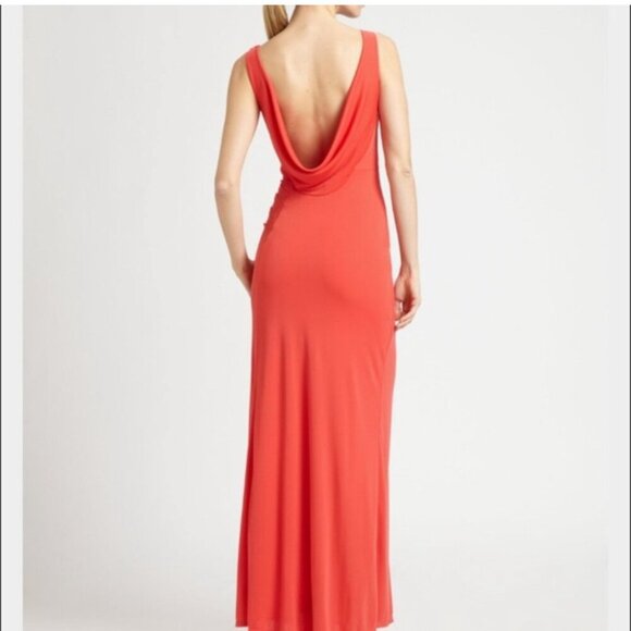 BGBGMaxAzria "Lena" Orange/Red Draped front, Cowl Open Back Gown, Size Small - Picture 3 of 16